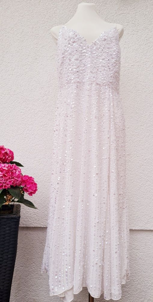 Sukienka ślubna Asos biała cekiny cekinowa zdobiona maxi XS