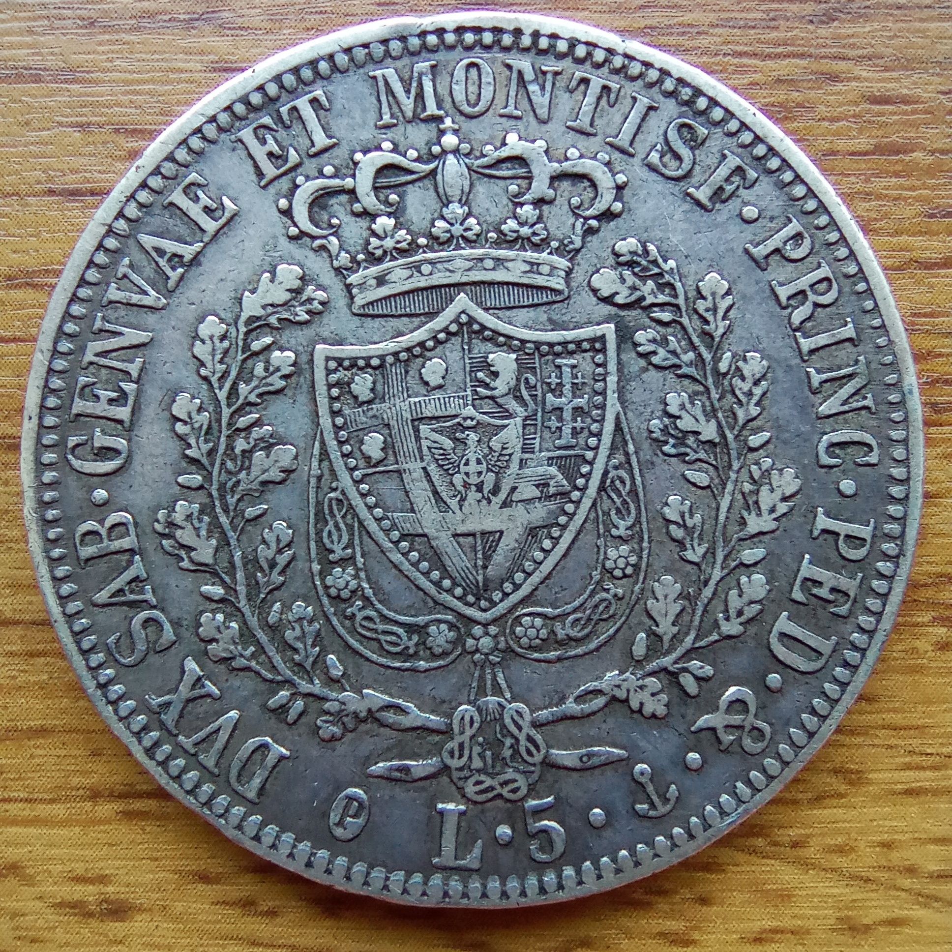 5 lir 1827 Sardynia srebrna moneta Piękny stan