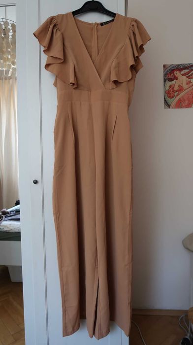 Simplee kombinezon beż brąz długi z falbanką elegancki boho S /36
