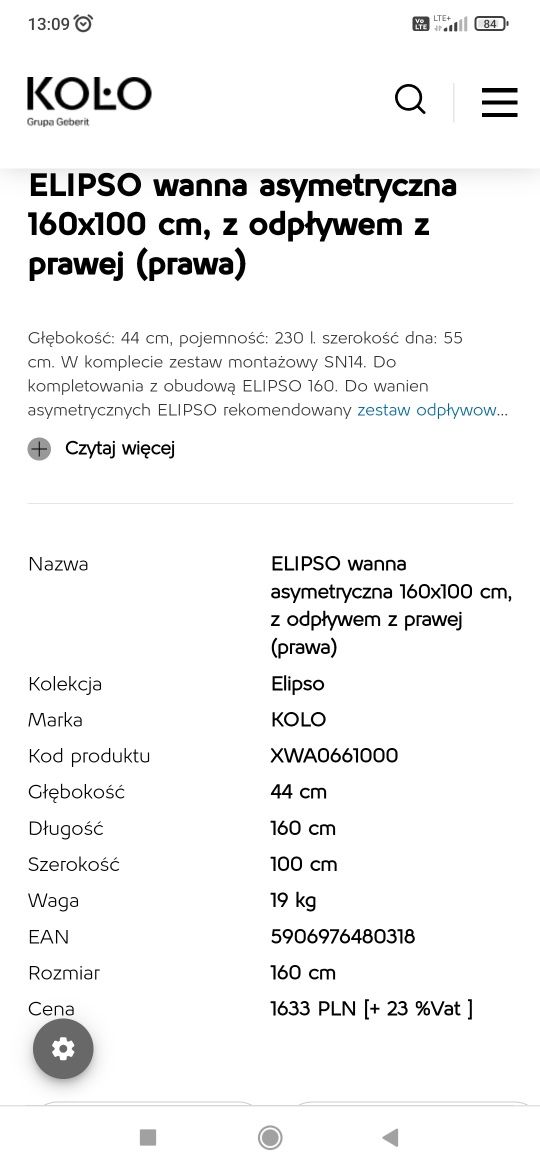 Wanna ELIPSO firmy KOŁO prawa 160x100