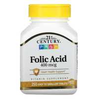 Фолієва кислота, Folic Acid, 21st Century, 400 мкг, 250 таблеток, США