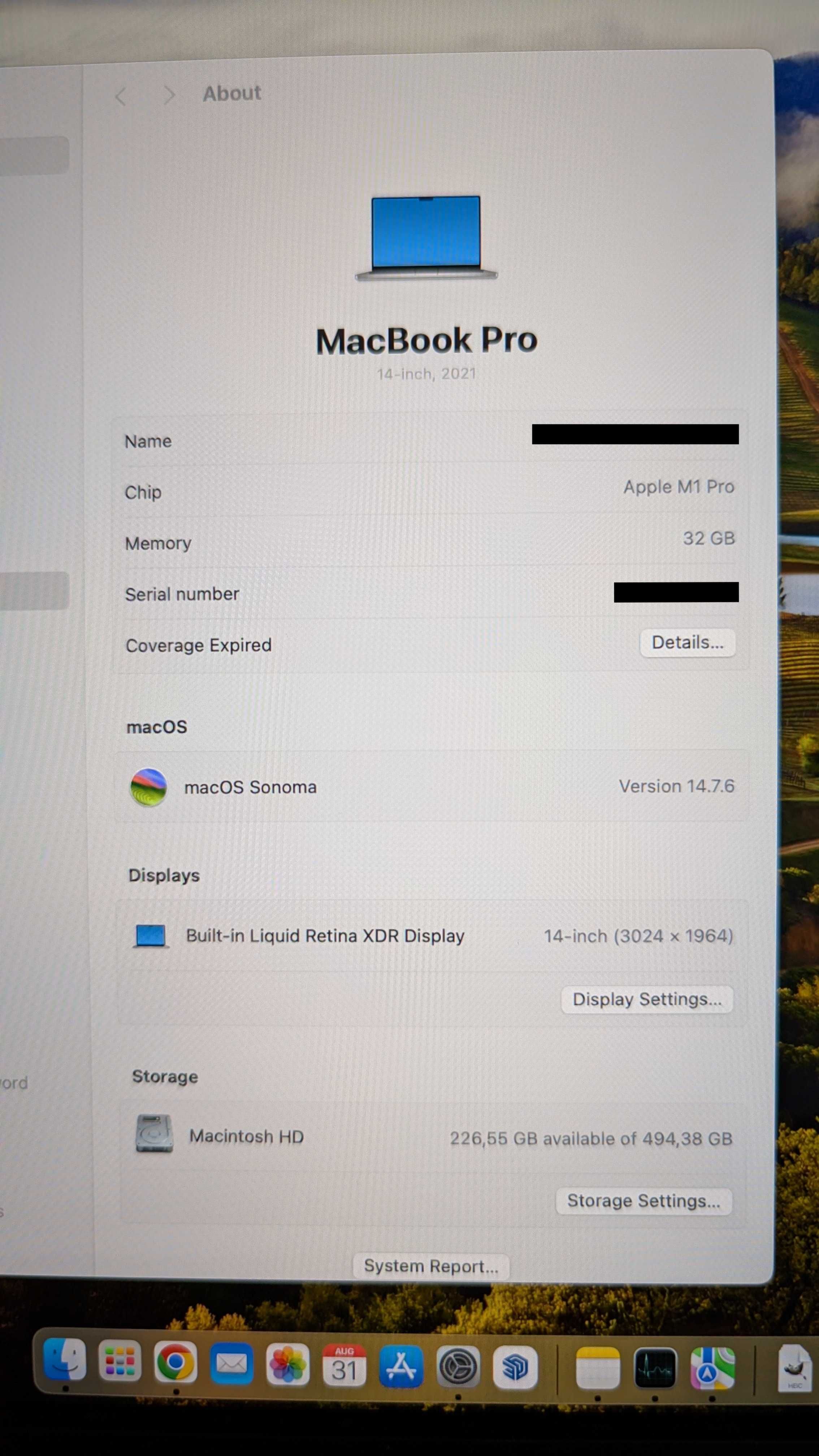Apple MacBook Pro 14'' Srebrny | M1 Pro | 32GB RAM | 512GB SSD | 14.2"