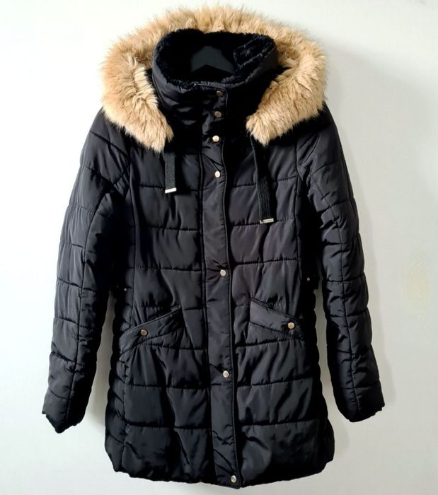 Kurtka damska ZARA S 36 zimowa pikowana płaszcz z kapturem futerko