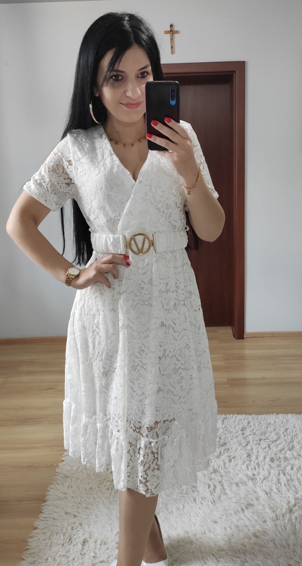 Biała koronkowa sukienka z paskiem wesele komunia chrzciny