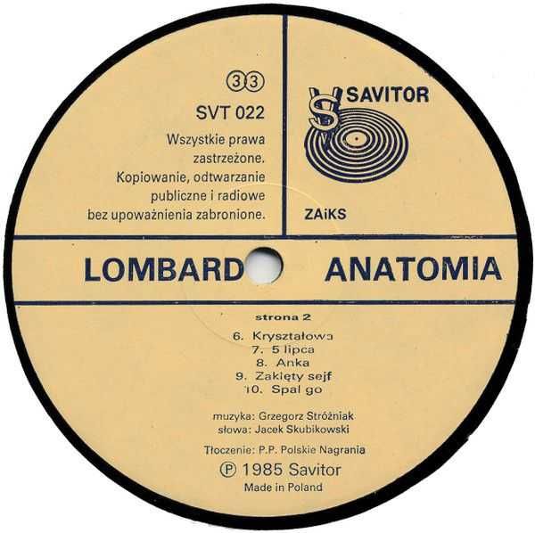 Płyta winylowa LOMBARD - ANATOMIA  1 -Press 1985 Savitor ‎– SVT 022 NM