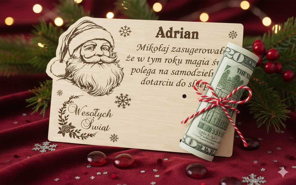 Drewniany świąteczny bon z grawerem – pomysł na prezent z imieniem