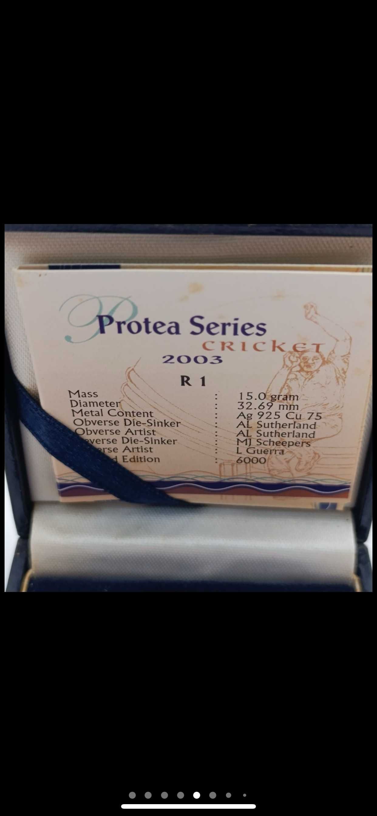 Moeda de prata protea Cricket R1 proof de 2003 da RSA em cápsula