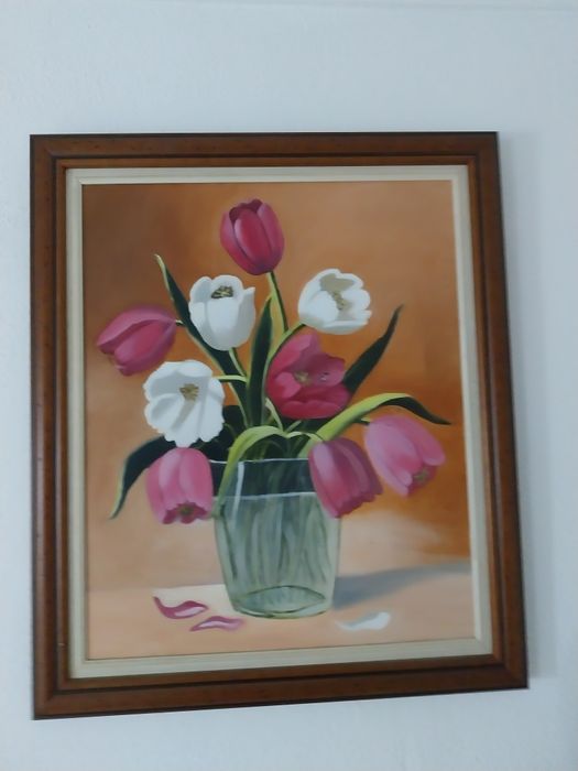 Quadro pintado à mão. Tema : túlipas em vaso