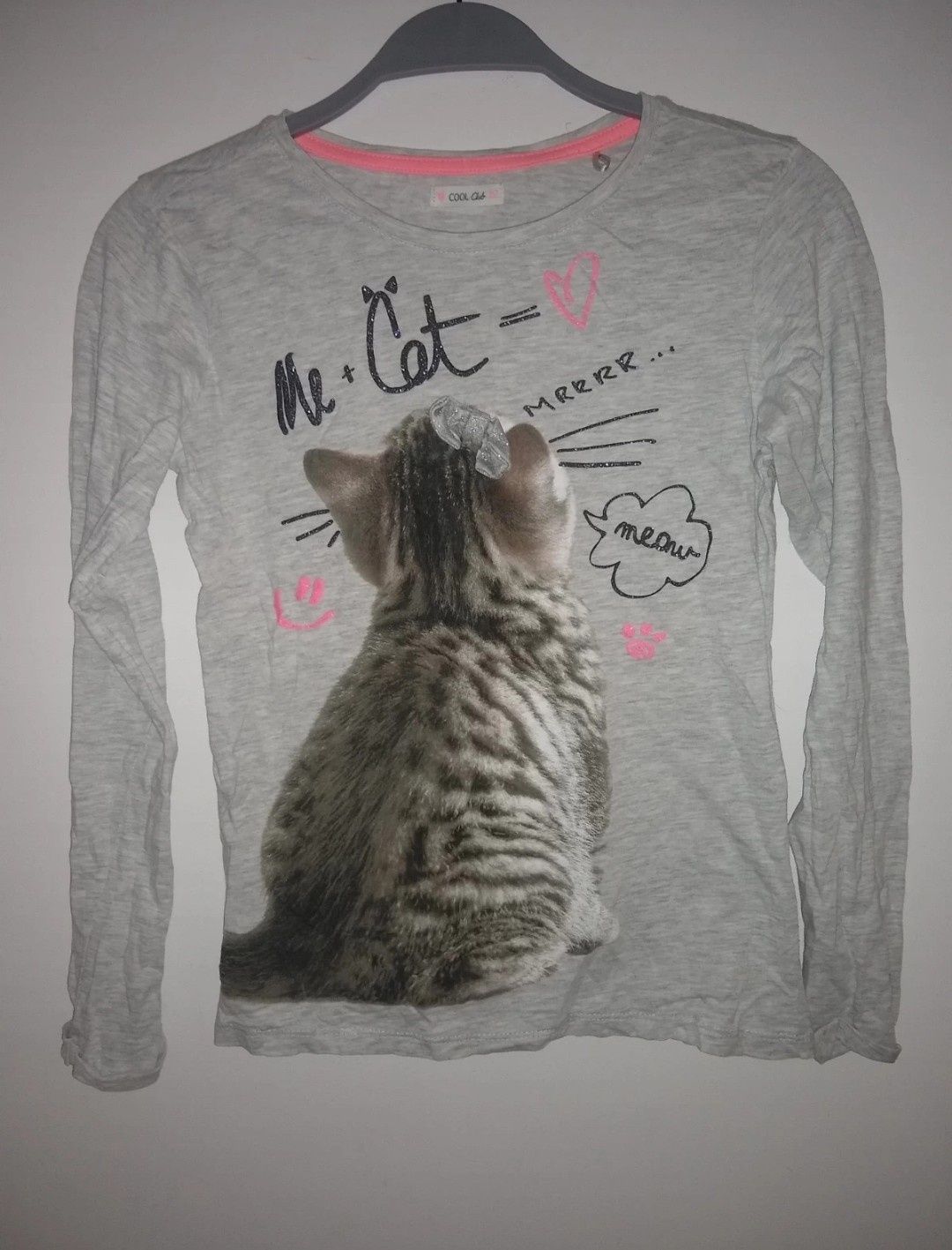 Szara bluzka / koszulka z długim rękawem i nadrukiem kota kot