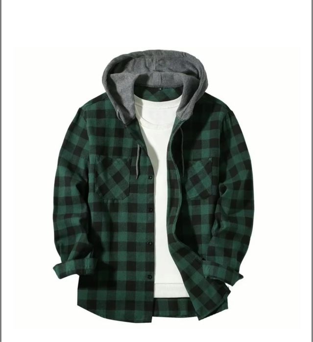 Męska koszula w kratę z kapturem, zielona, 3XL