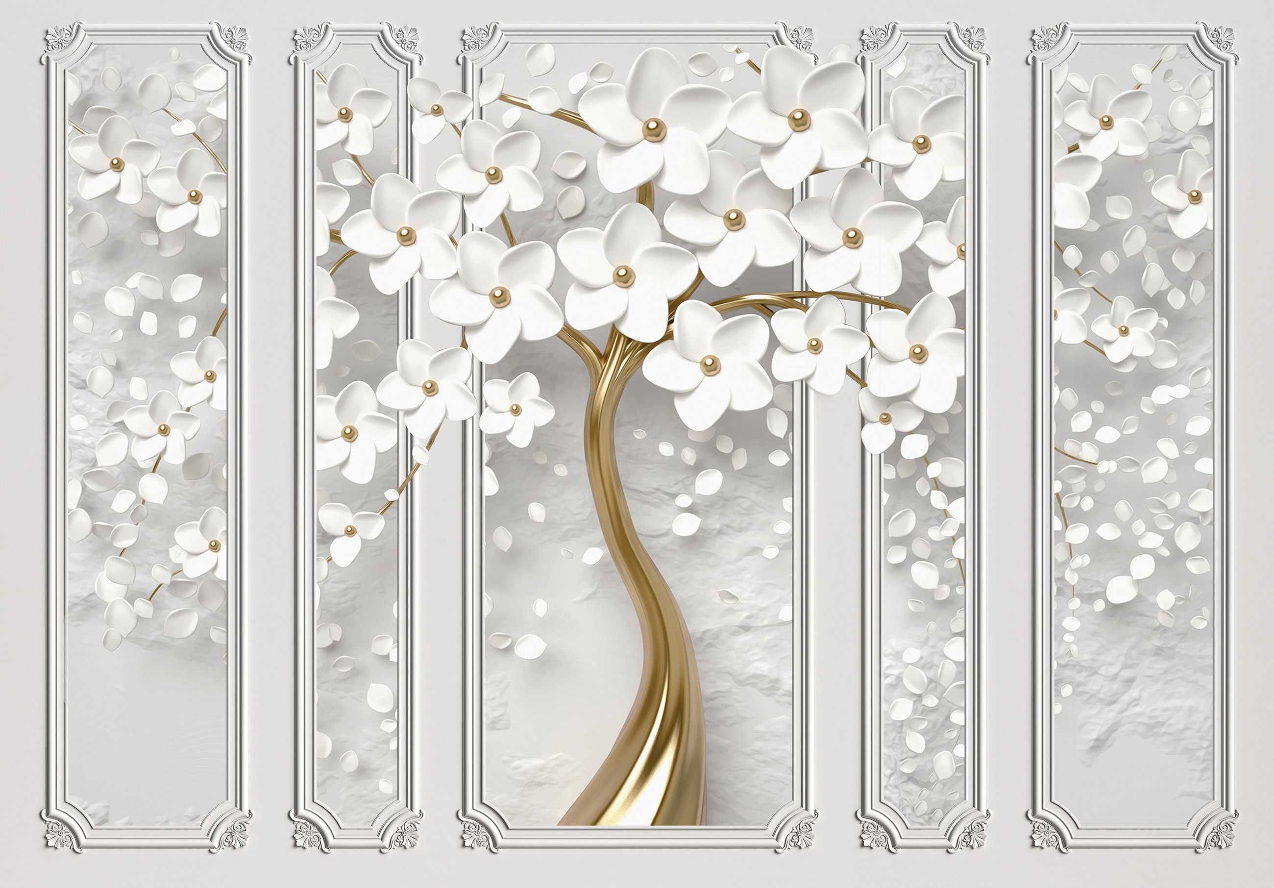 Fototapeta Złote Drzewo Porcelanowe Kwiaty 3D Twój Rozmiar + KLEJ