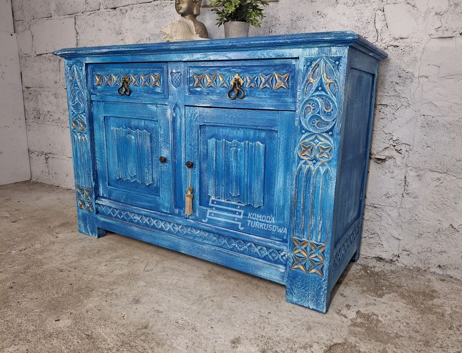 Komoda rzeźbiona, szafka drewniana, zdobiona, niebieska, turkusowa