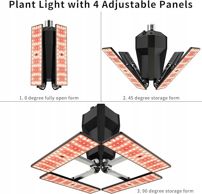 SINJIAlight Lampa LED do roślin z 4 regulowanymi panelami, E26/E27