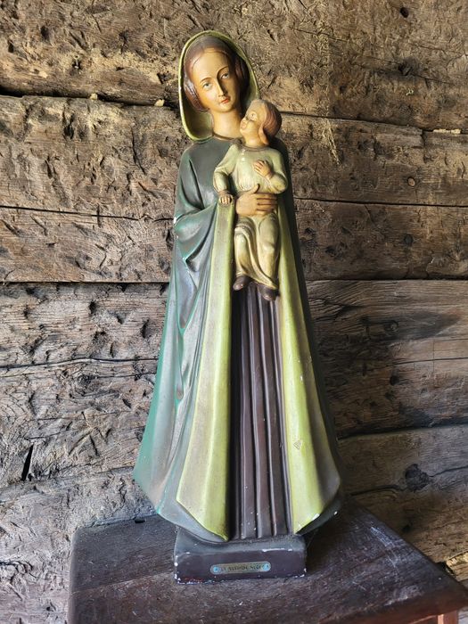 Stara sygnowana figura Matki Bożej Maryja z dzieciątkiem Jezus