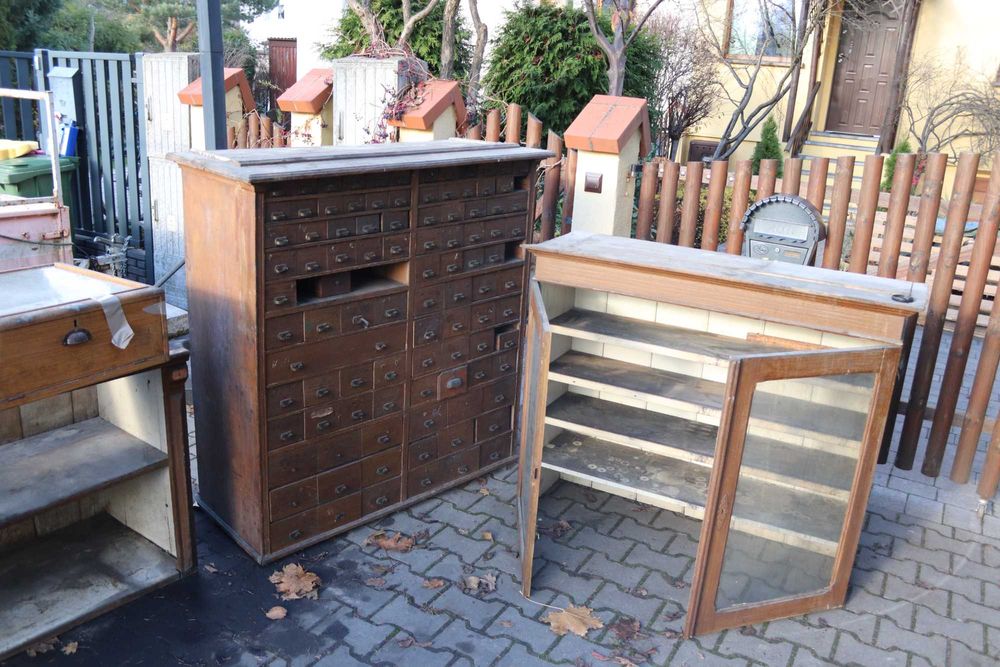 Meble sklepowe, lata 20-te, komplet, antyk, zabytek, apteka, secesja