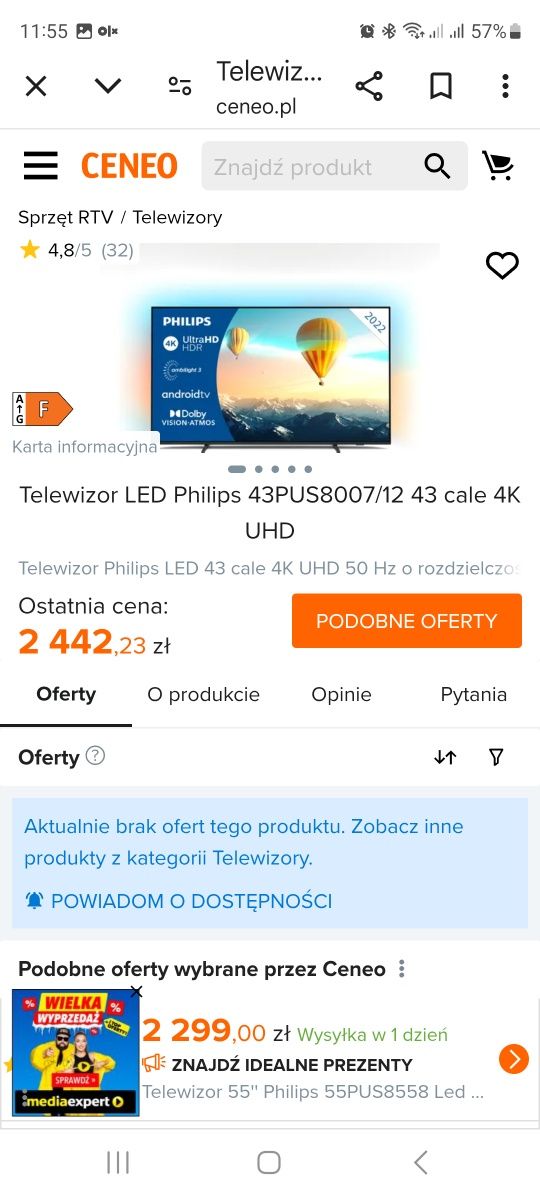Telewizor LED 43 cale Philips Ambilight 4K Ultra HD Android TV gwaran.