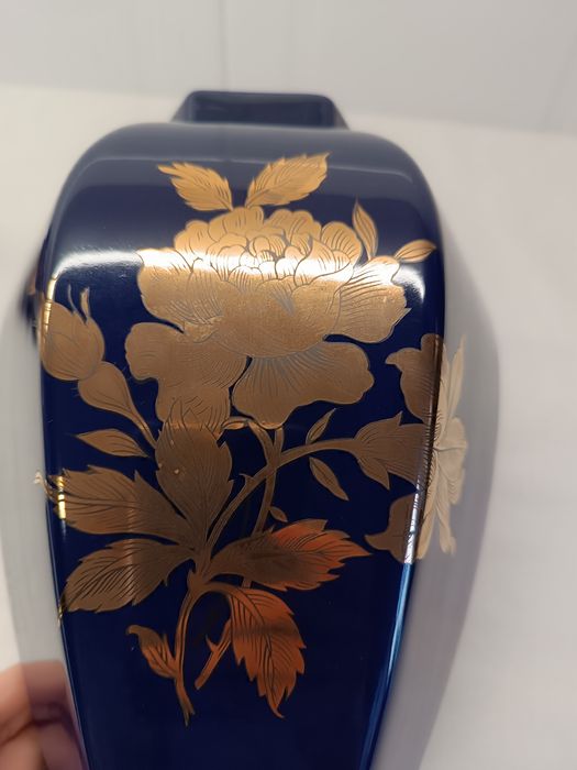 Pote Porcelana Grande. 35 cm. Azul Marinho e Dourado. Novo