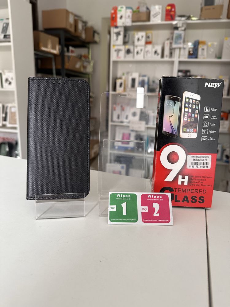 Etui z Klapką zamykane czarne + SZKŁO do HUAWEI P20 PRO