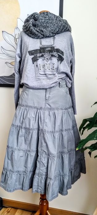 Szara, bawełniana spódnica maxi, falbanki, bawełna