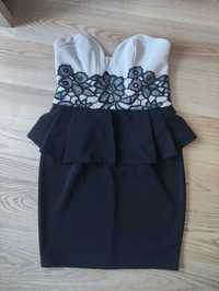 Elegancka sukienka z baskinką czarno-beżowa koronka S M