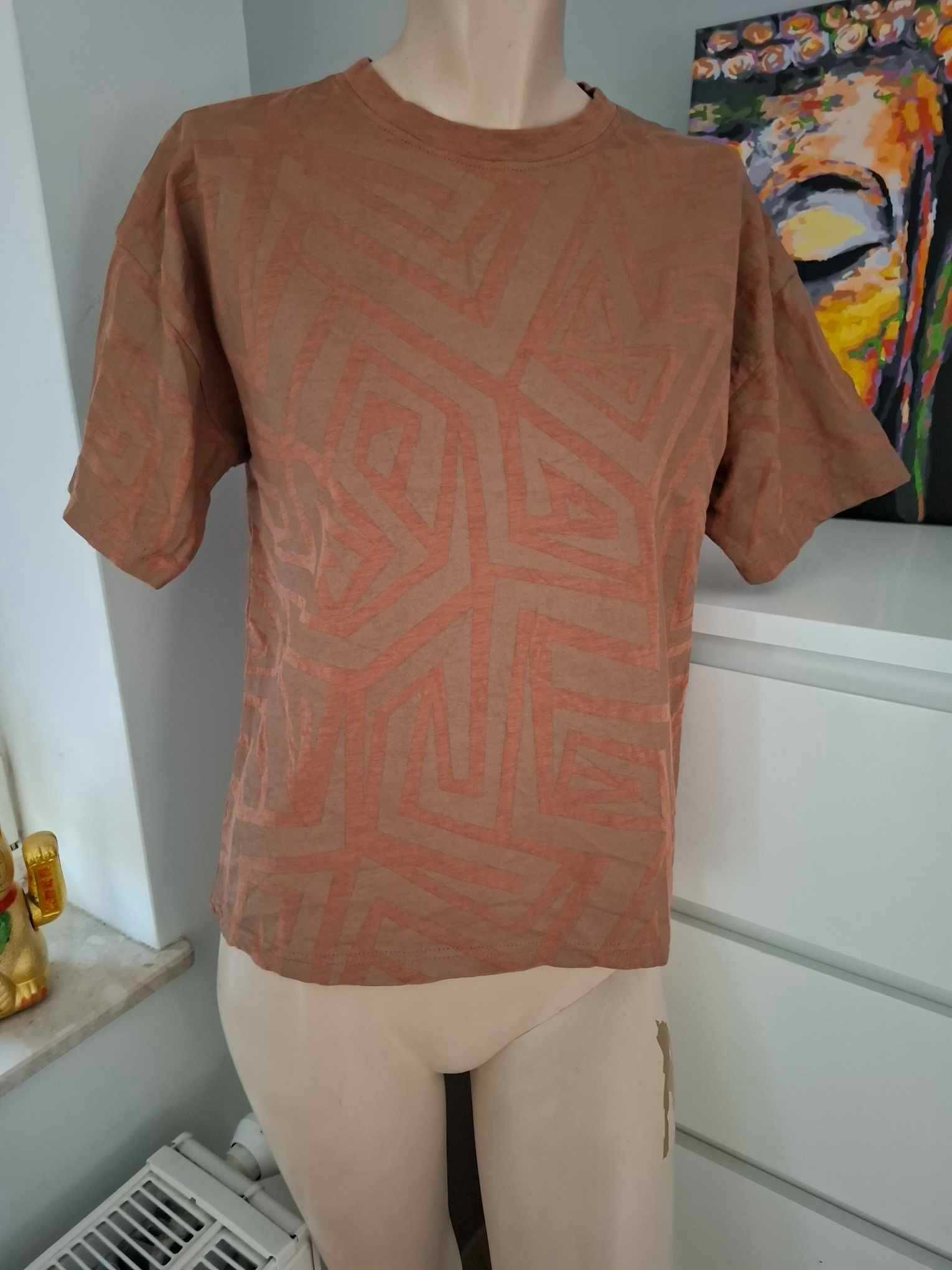 S 36 brązowy T-shirt wzorzysty we wzór koszulka z krótkim rękawem