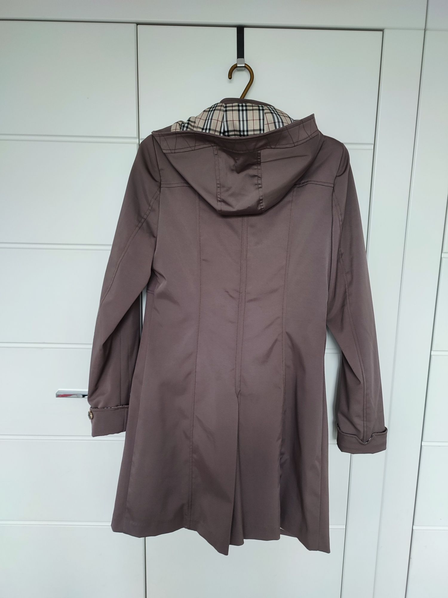 Płaszcz wiosenny jesienny z kapturem, elegancki 42  kratka BURBERRY