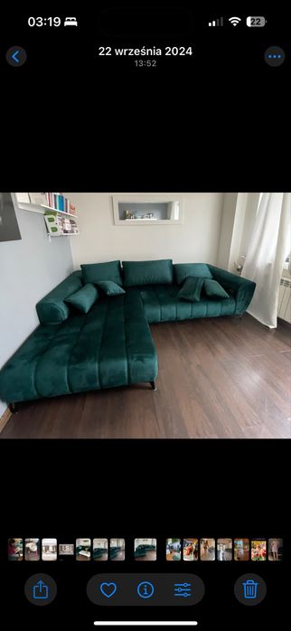 Kanapa narożna elektryczna welurowa – butelkowa zieleń, jak nowa!