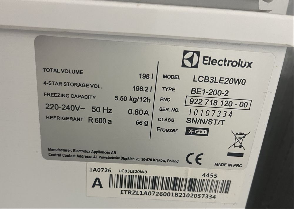 Zamrażarka ELECTROLUX model LCB3LE20W0