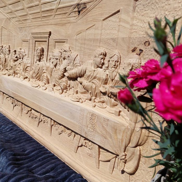 Ostatnia Wieczerza Płaskorzeźba w Drewnie Dębowym