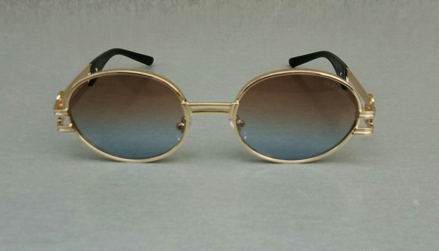 Versace овальные узкие очки унисекс с бежево синим градиентом в золоте