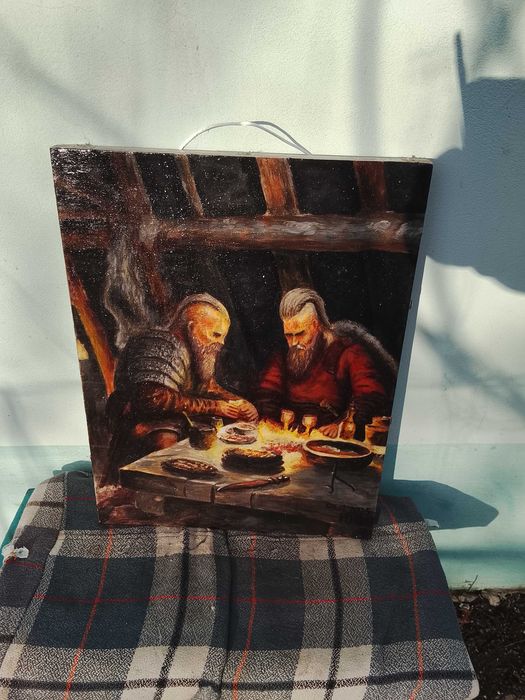 Авторская картина "Викинги у огня". Доска 30х38,5. Акрил.