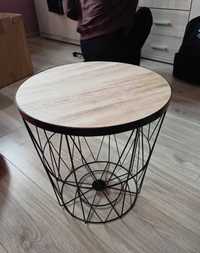 Okrągły stolik kawowy loftowy kosz druciany czarny z drewnem