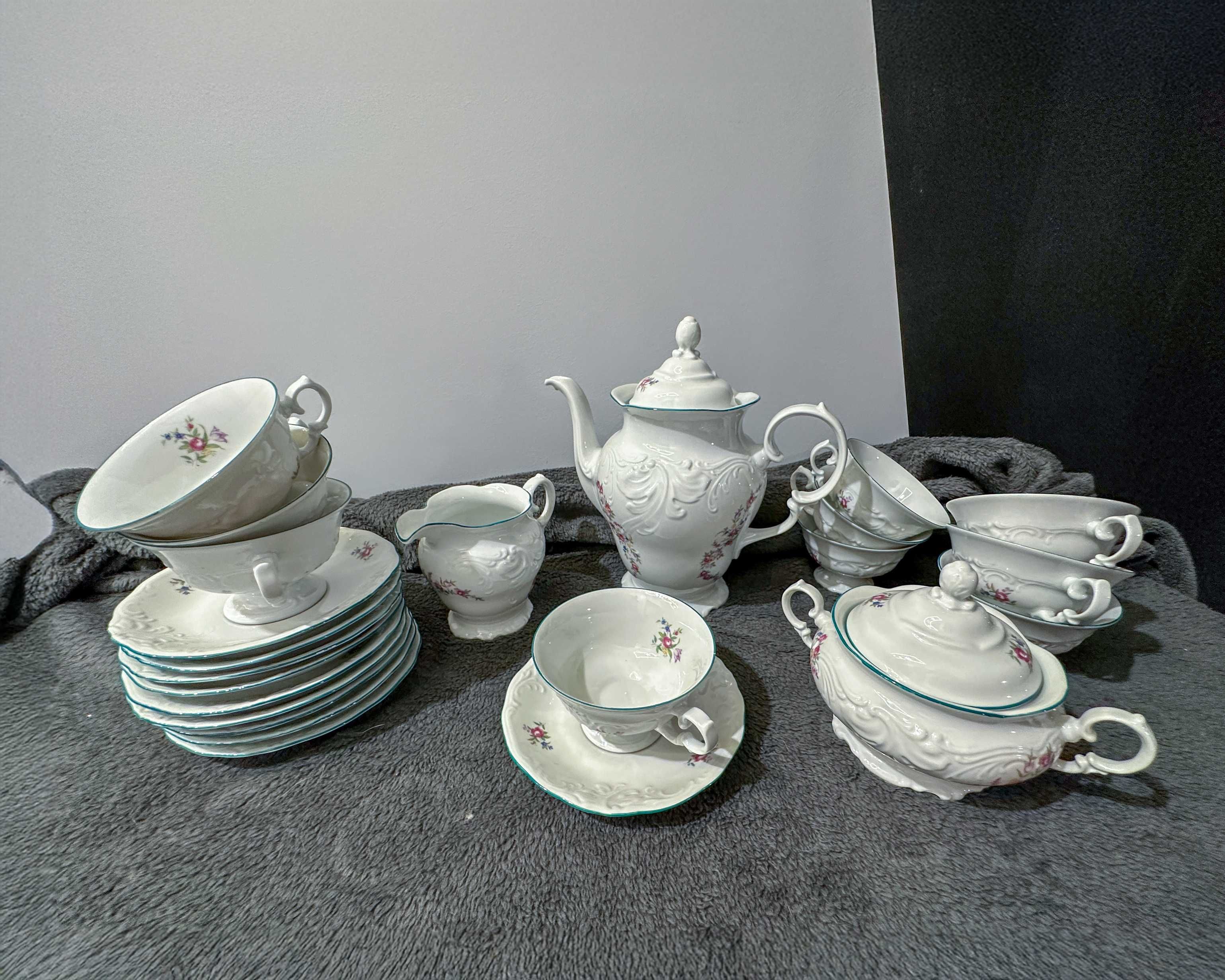 Serwis kawowy Wałbrzych – Fryderyka, kwiaty, turkus, porcelana 23 el.