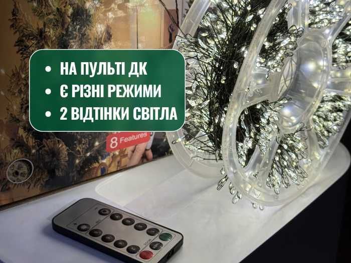 ТОПОВА гірлянда хвойна лапа з пультом, зелений провід 50м на ялинку