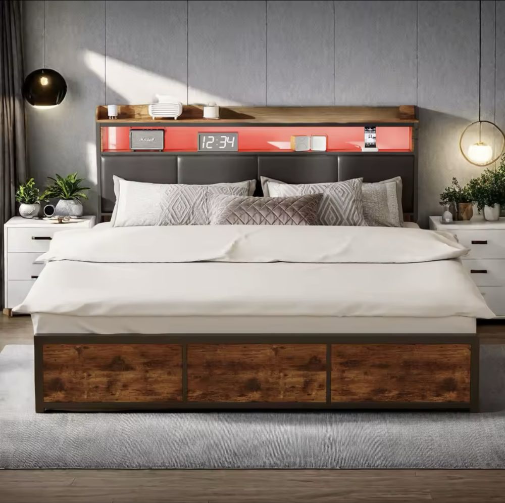 Stylowe łóżko 140x200 z oświetleniem i szufladami – NOWE!