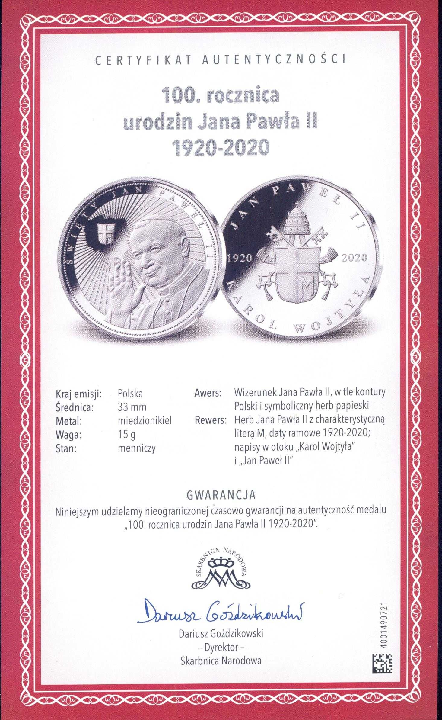 Medal 100. rocznica urodzin Jana Pawła II 1920 - 2020 (nowy, w kapslu)