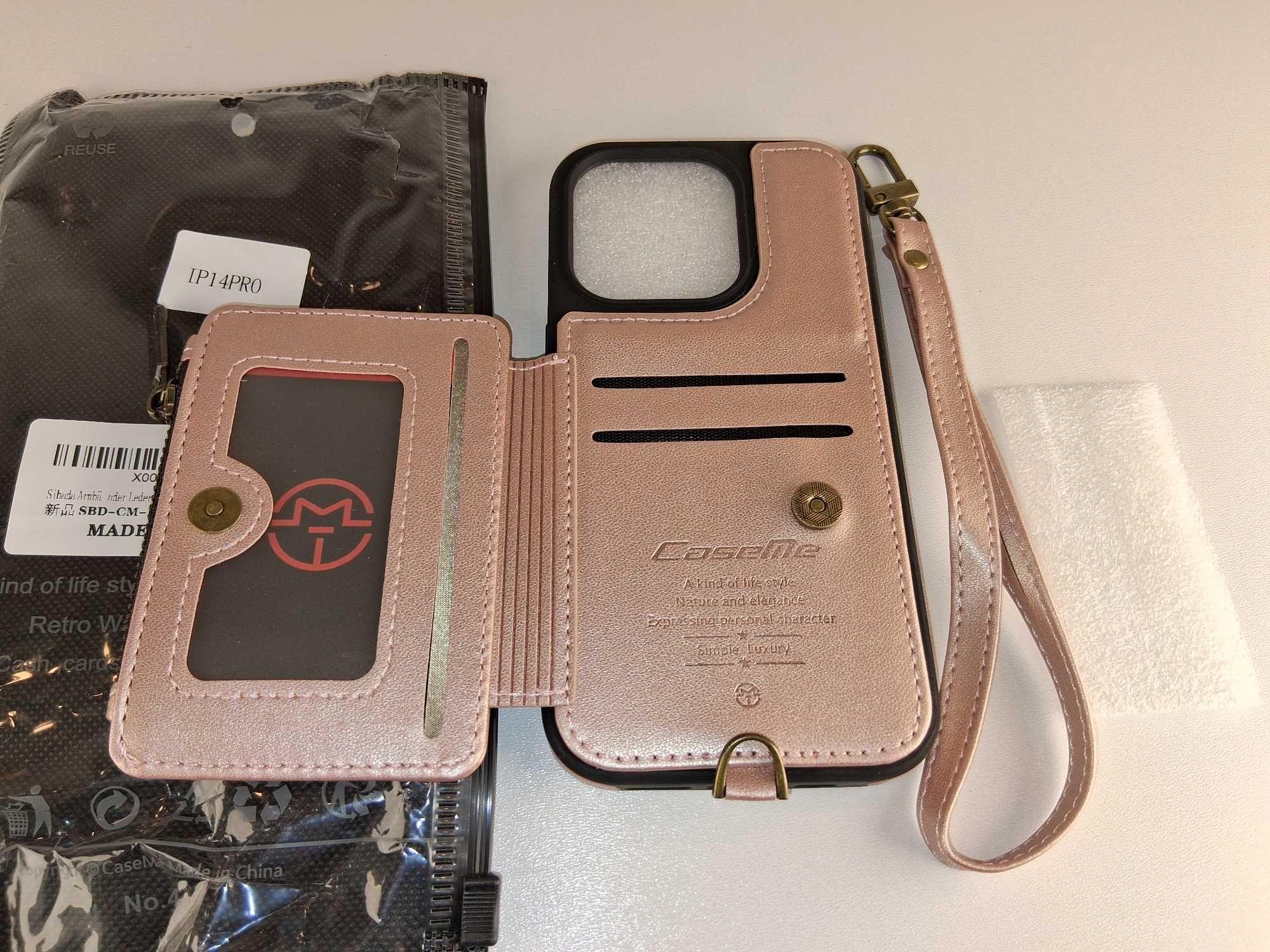 Y032 Etui Portfel Skórzany do iPhone 14 Pro CaseMe Różowe Złoto