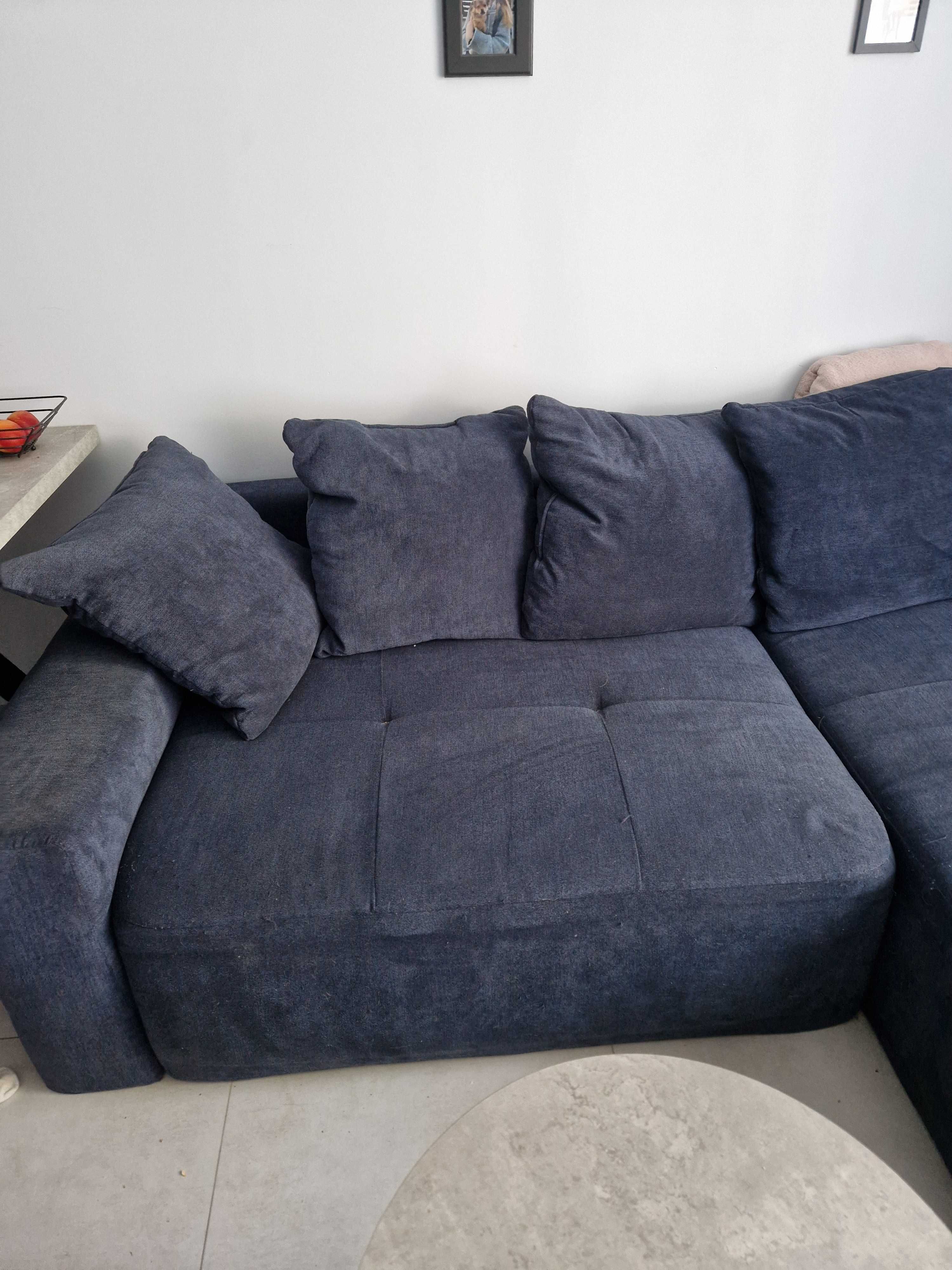 Granatowy duży narożnik 185x235, funkcja spania, pojemnik na pościel