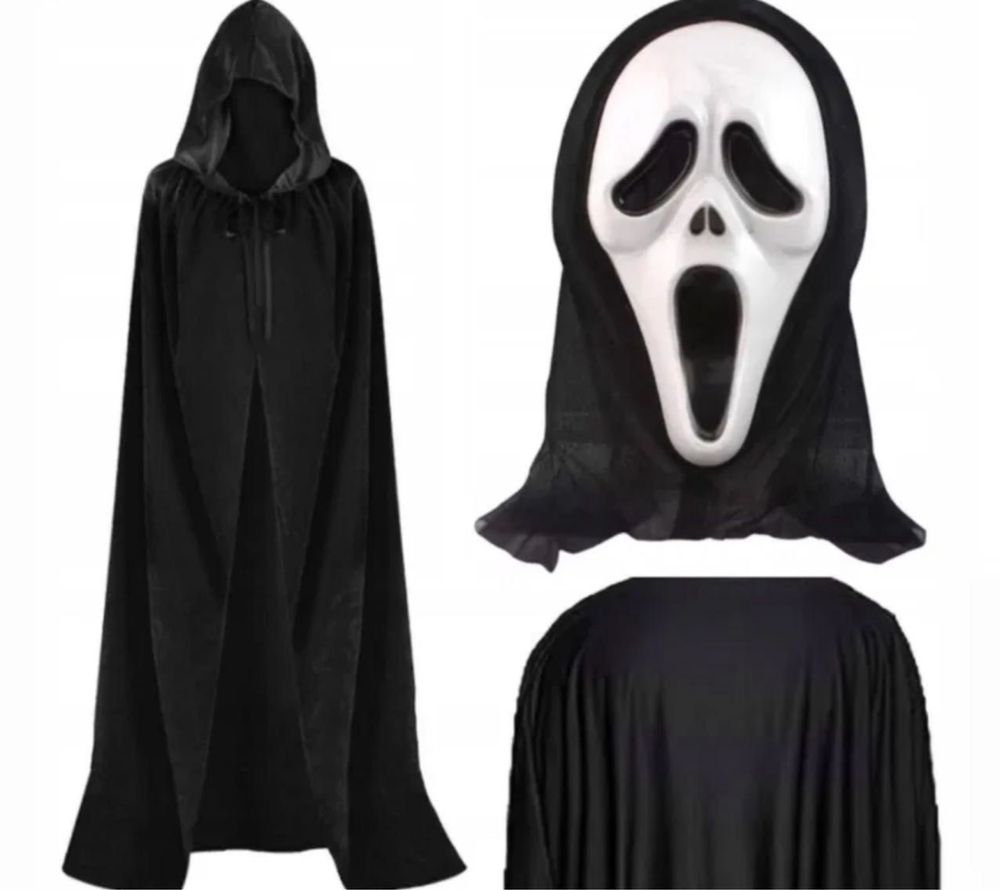 STRÓJ DUCH ŚMIERĆ KRZYK PELERYNA + maska halloween 180 cm