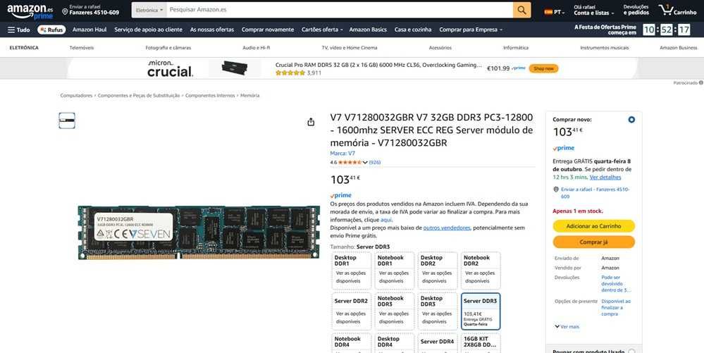 V7 módulo de memória 32gb ddr3 (334)