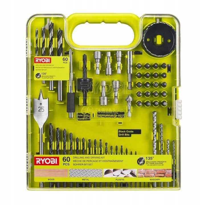 RYOBI ZESTAW WIERTEŁ BITÓW 60szt RAKDD60 Wiertła Bity Do Drewna Metalu