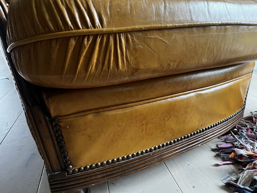 Fotel skórzany duży brązowy musztardowy