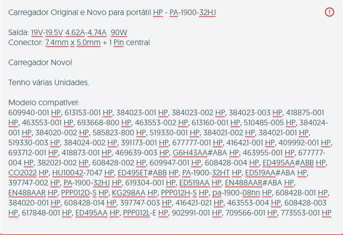 Carregador Original e Novo para portátil HP - PA-1900-32HJ