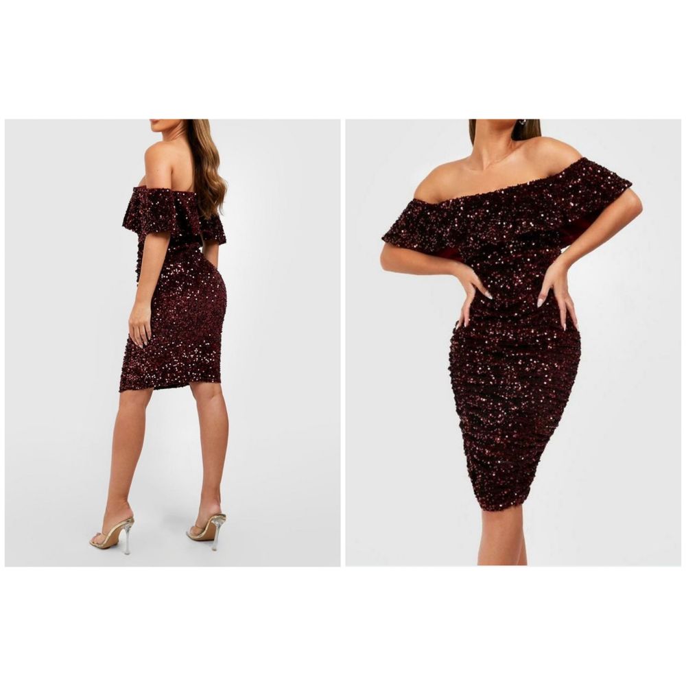 Boohoo cekinowa sukienka midi welurowa hiszpanka s 36 burgundowa