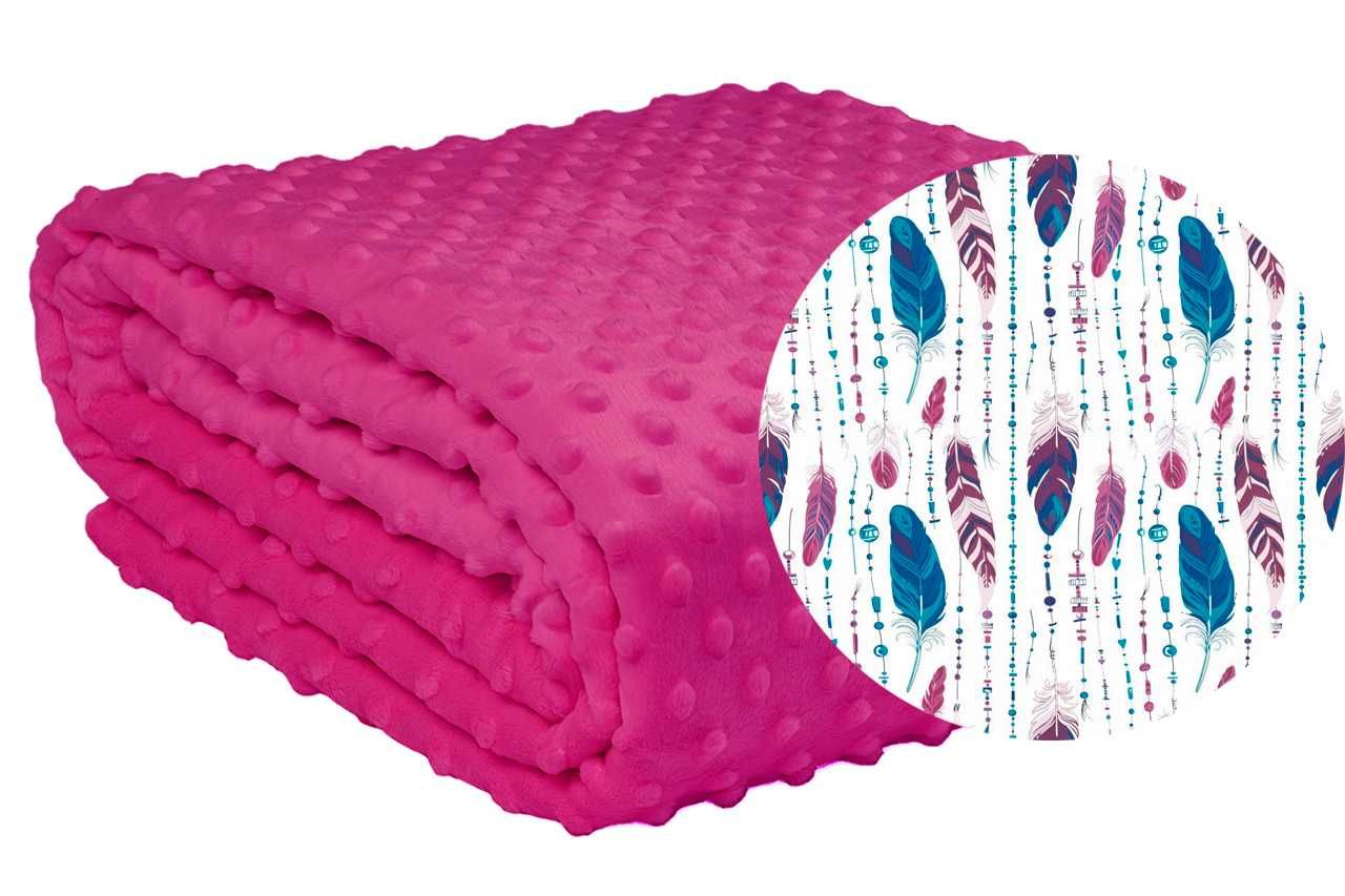 2w1 Dwustronna Dziecięca Narzuta Na Łóżko Koc Piórka Róż Minky 160x200