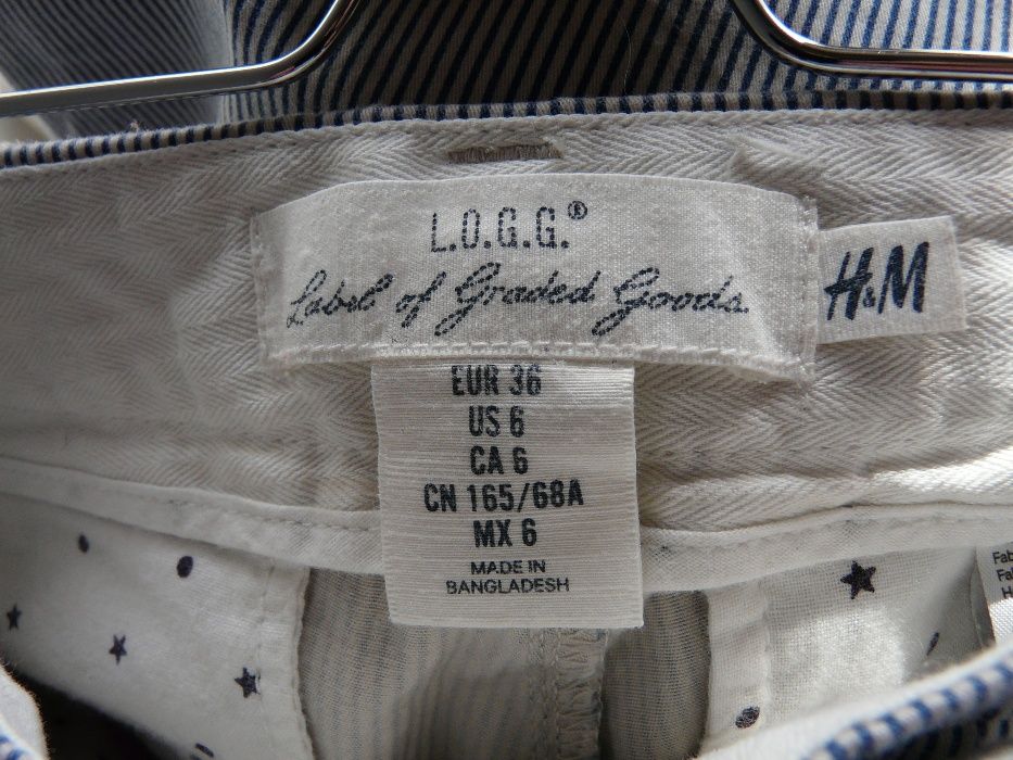 Spodnie w paski beżowo granatowe niebieskie pasiaste bawełna H&M 36 S