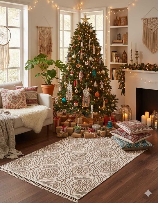 Duży dywan 180x120 boho pod choinkę z frędzlami dywanik mata prezent