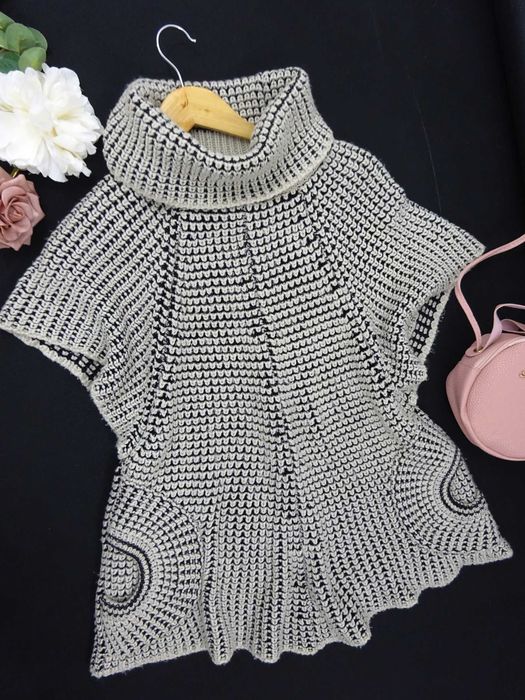 BY71 Wełniany sweter damski golf dziergany beżowy bezrękawnik XL 42