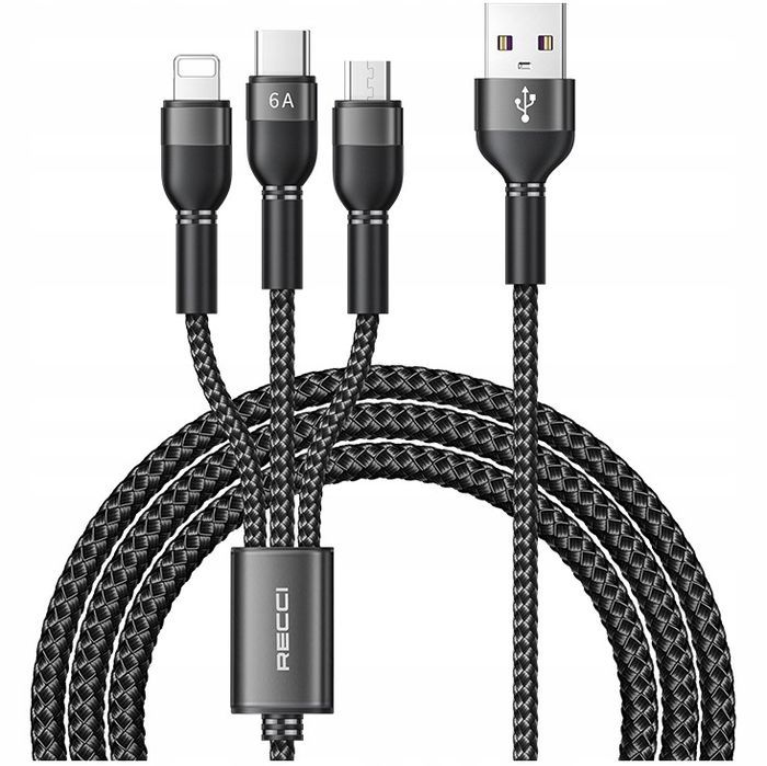 Mocny Szybki Kabel 3W1 Lightning Typ-C Micro Usb 6A 120Cm 66W Sznurek