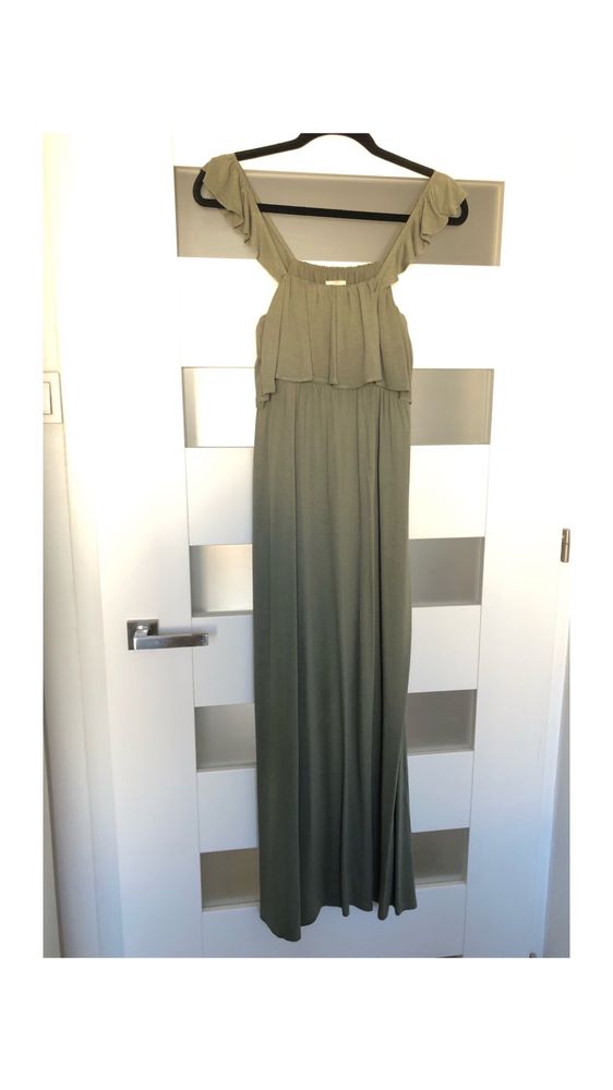 H&m mama sukienka oliwkowa maxi długa khaki falbany hiszpanka s